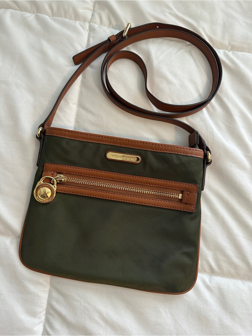 Michael Kors Olive and Brown Crossbody with Gold Hardware